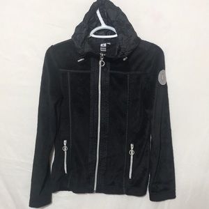 Luhta  Coat Women XS Black Front Zip Hooded Jacket Pockets Faux Fur Layering